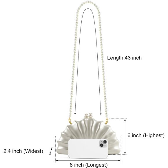 Pearl White Acrylic Shell Evening Purse with Detachable Chain - 8.8" x 2.4" - Picture 4 of 7